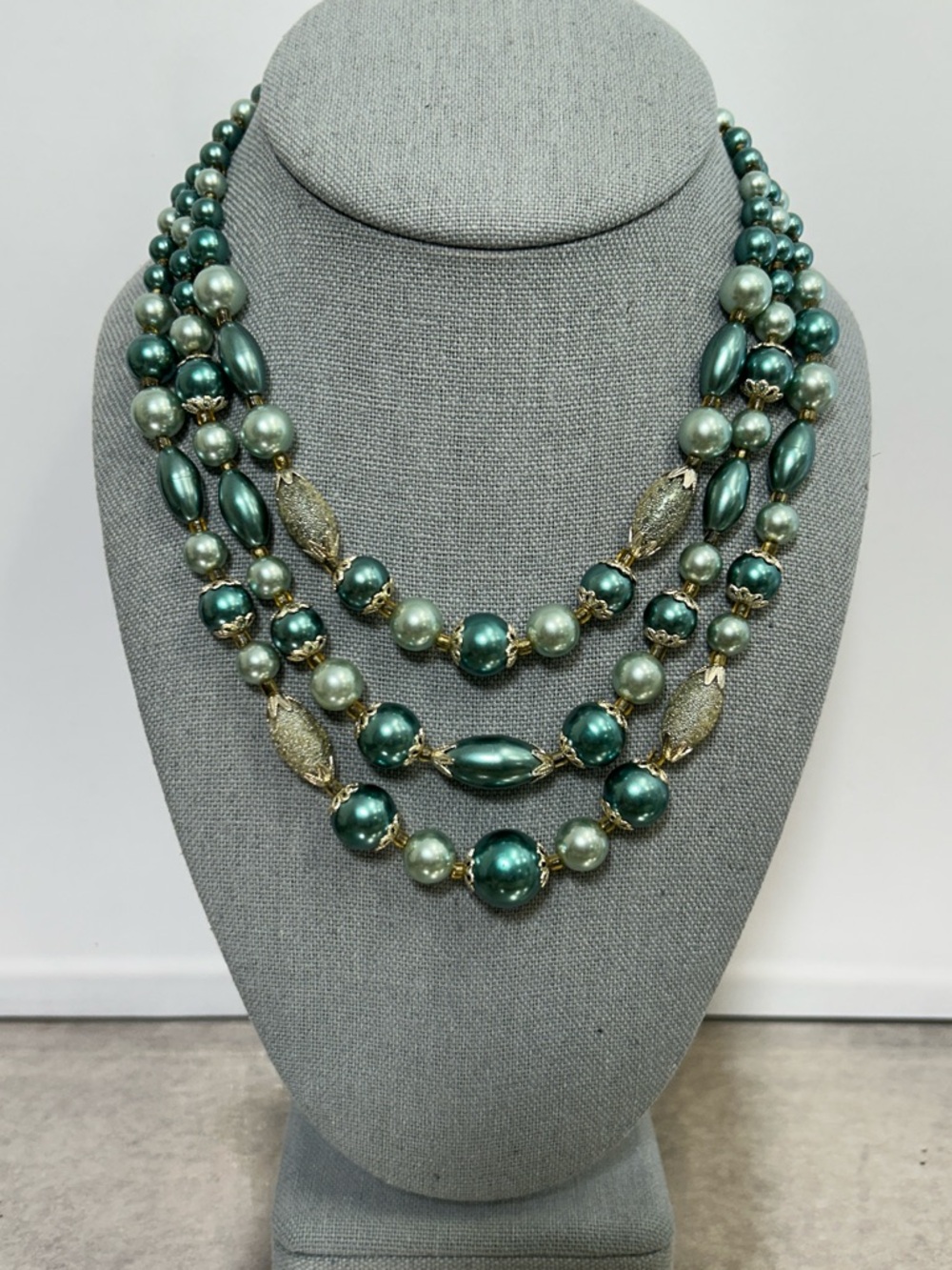 Vintage Japan Multi-Strand Green Pearl Statement Necklace - Silver Accents
